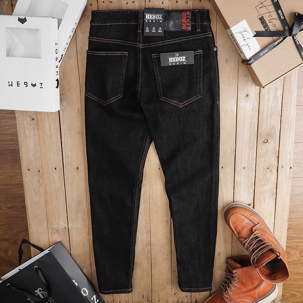 Quần jean dài nam chất vải Indigo decup in họa tiết monogram đen Heboz - 00001393
