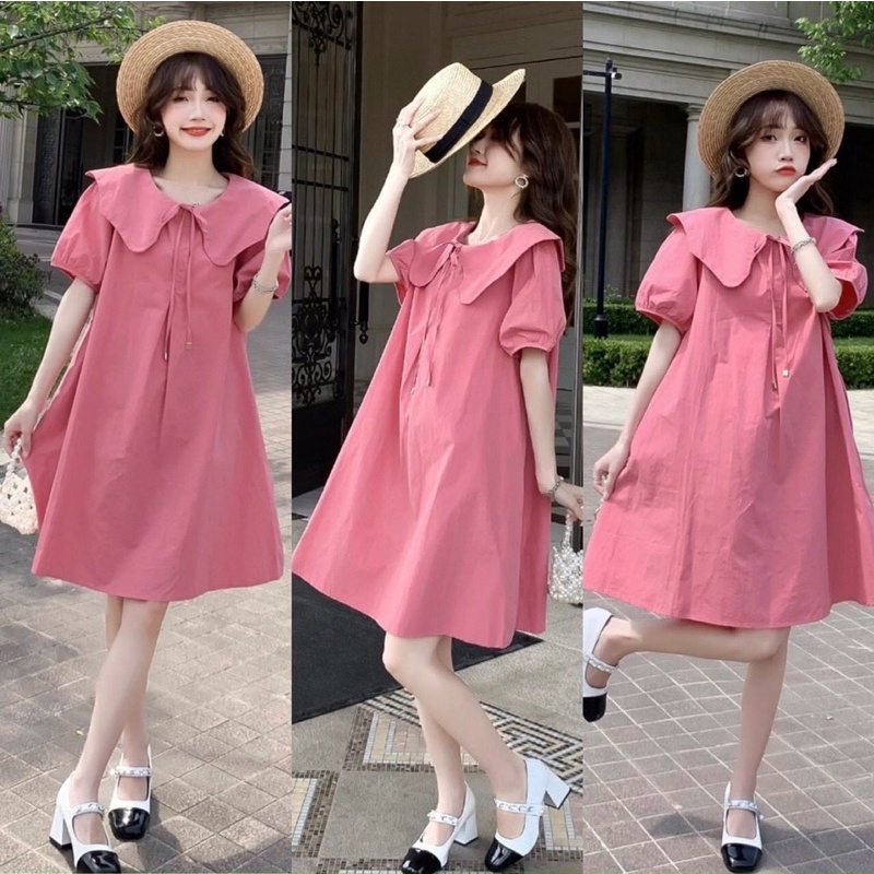 Váy Bầu thiết kế Dáng xuông chữ A màu hồng và xanh cổ lượn sóng chất đũi thô mát size 40-75kg