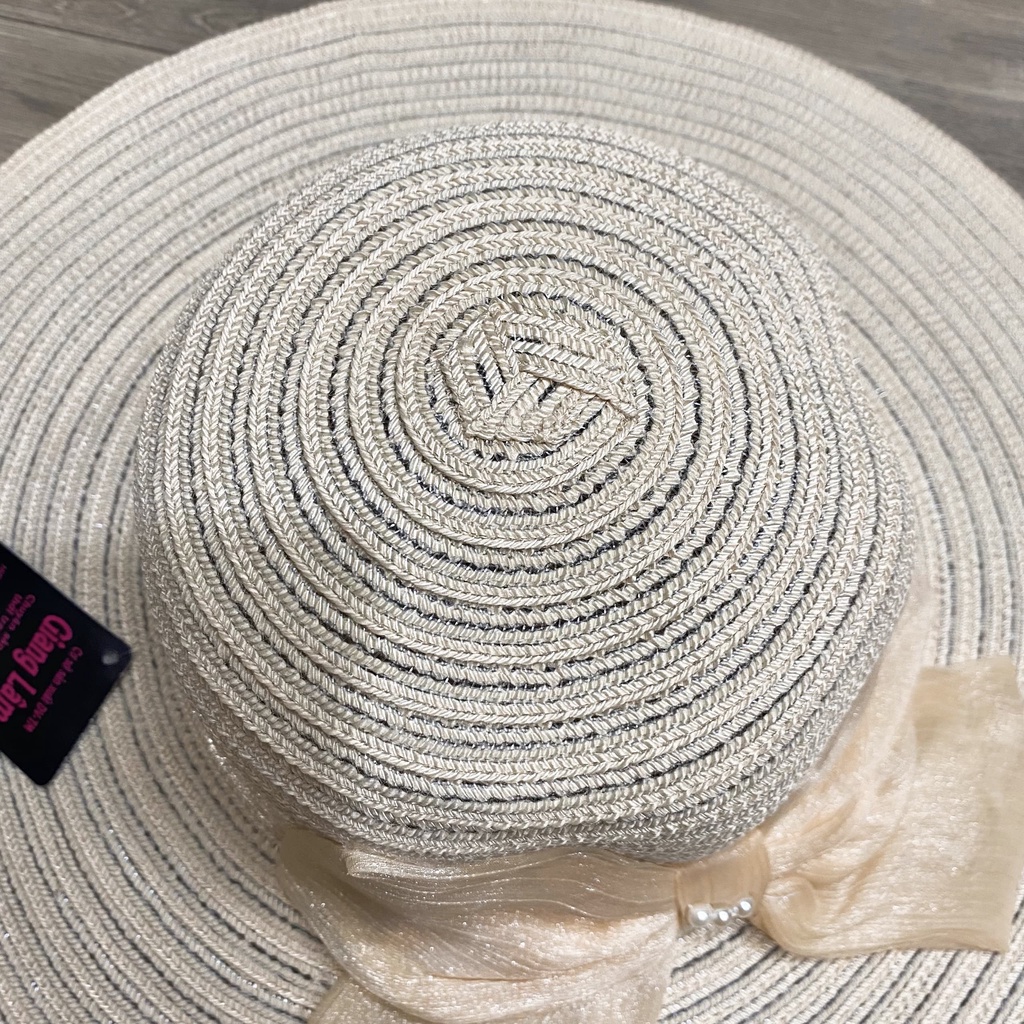 Nón mũ cói đi biển vành rộng phối nơ voan đính ngọc nhiều màu cực đẹp - NN8