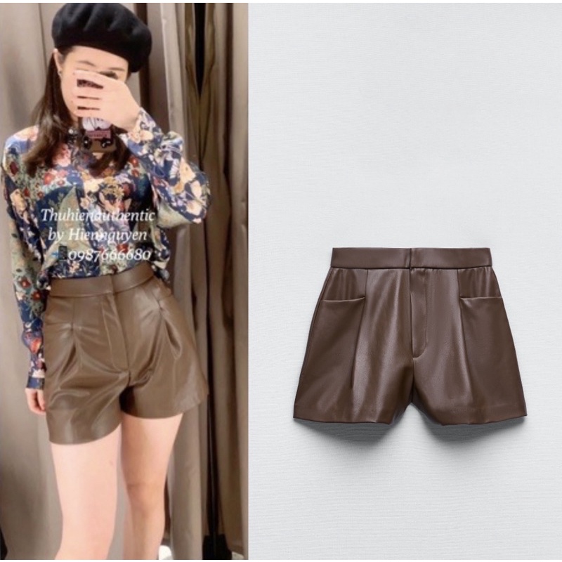 Quần short da nâu hai túi trước không đai quần ZARA chính hãng(kèm ảnh thật)