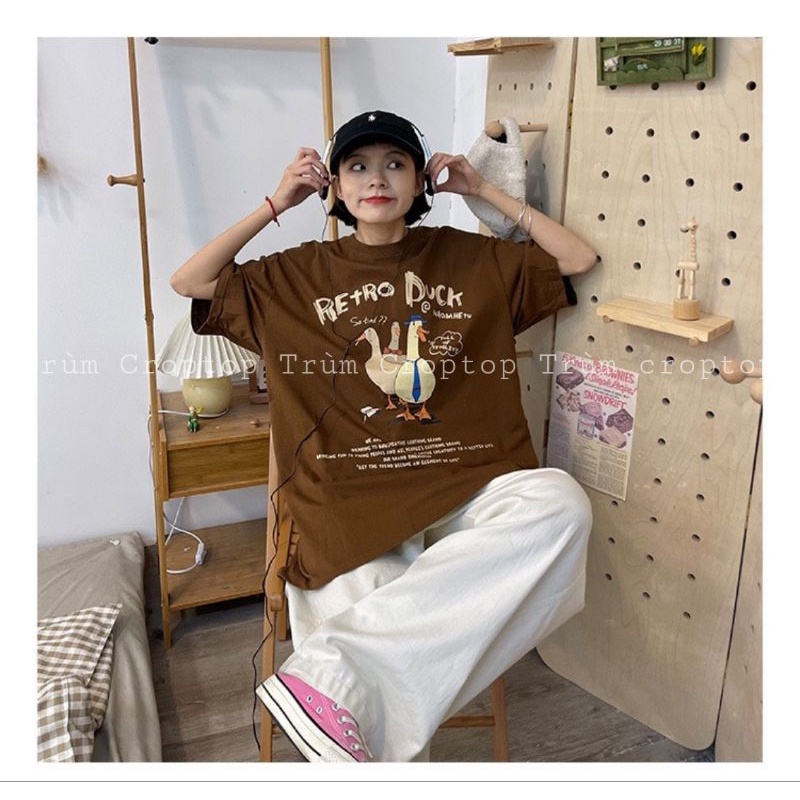 Áo thun tay lỡ in hình vịt Retro Duck màu nâu , Áo phông rộng form unisex dáng basic nam nữ