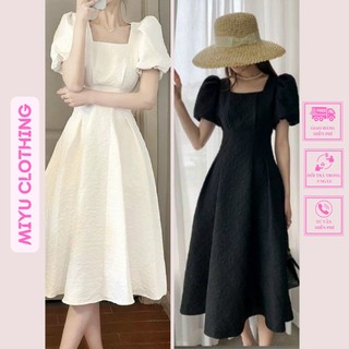 Váy dự đám cưới sang trọng đầm trắng tiểu thư cổ vuông tay bồng dáng dài đi dạo du lịch Miyuclothing