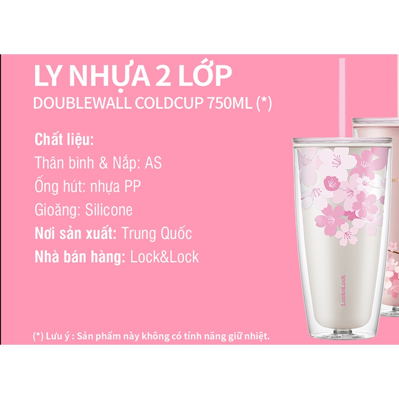 Ly Nhựa 2 Lớp Cách Nhiệt Kèm Ống Hút Lock&Lock, Cốc Giữ Nhiệt Dễ Thương 750ml