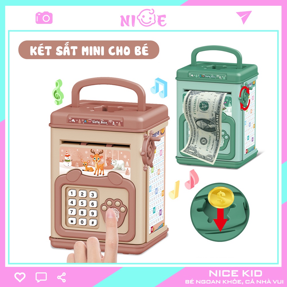Két sắt mini cho bé, heo đất tiết kiệm NICE KID mở khóa bằng mật khẩu và vân tay một chạm