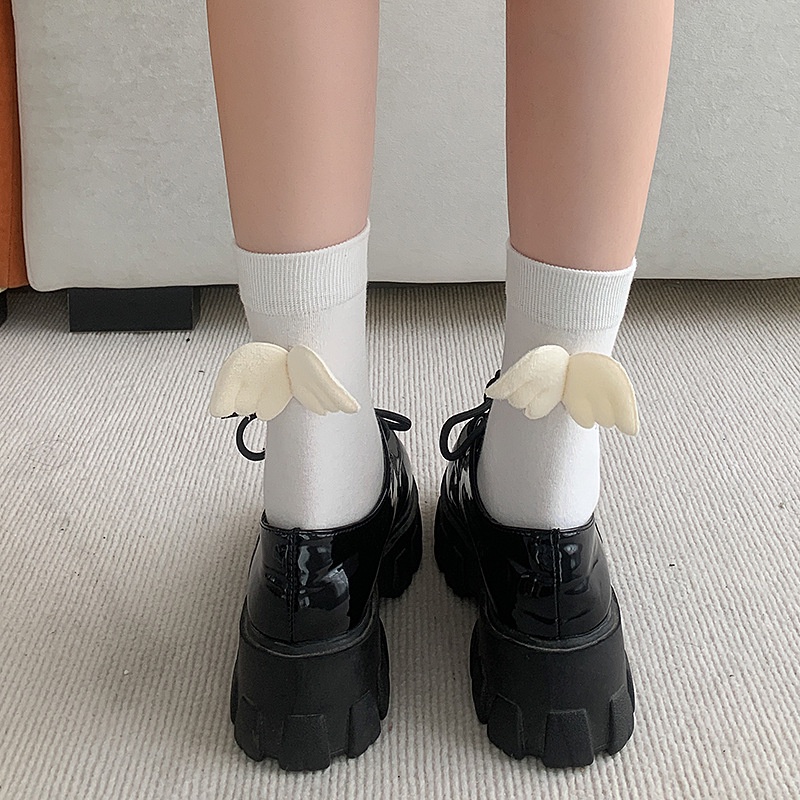 Tất vớ lolita đáng yêu cánh thiên thần vớ cổ ngắn màu trắng đen, tất nữ cotton phong cách Hàn Quốc