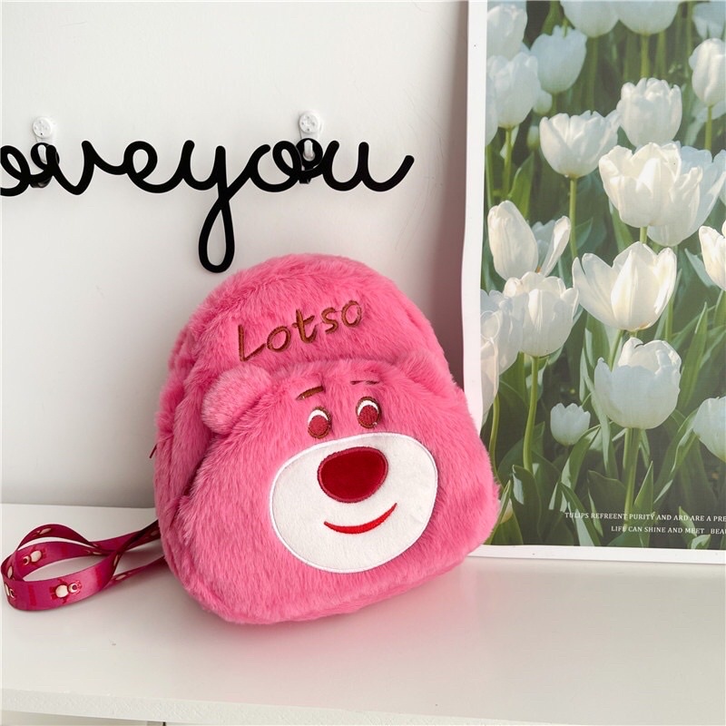 Túi bao tử gấu dâu hồng cute đáng yêu, túi đeo chéo mini thời trang cho bé họa tiết gấu Lotso dễ thương De Pẻierl
