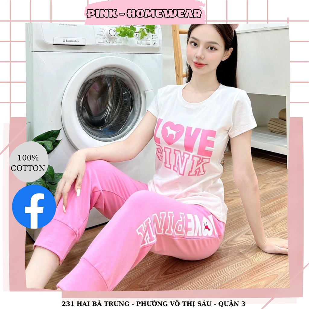BỘ QUẦN LỬNG BO VỚI ÁO THUN COTTON IN CHỮ LOVE PINK CHÓ