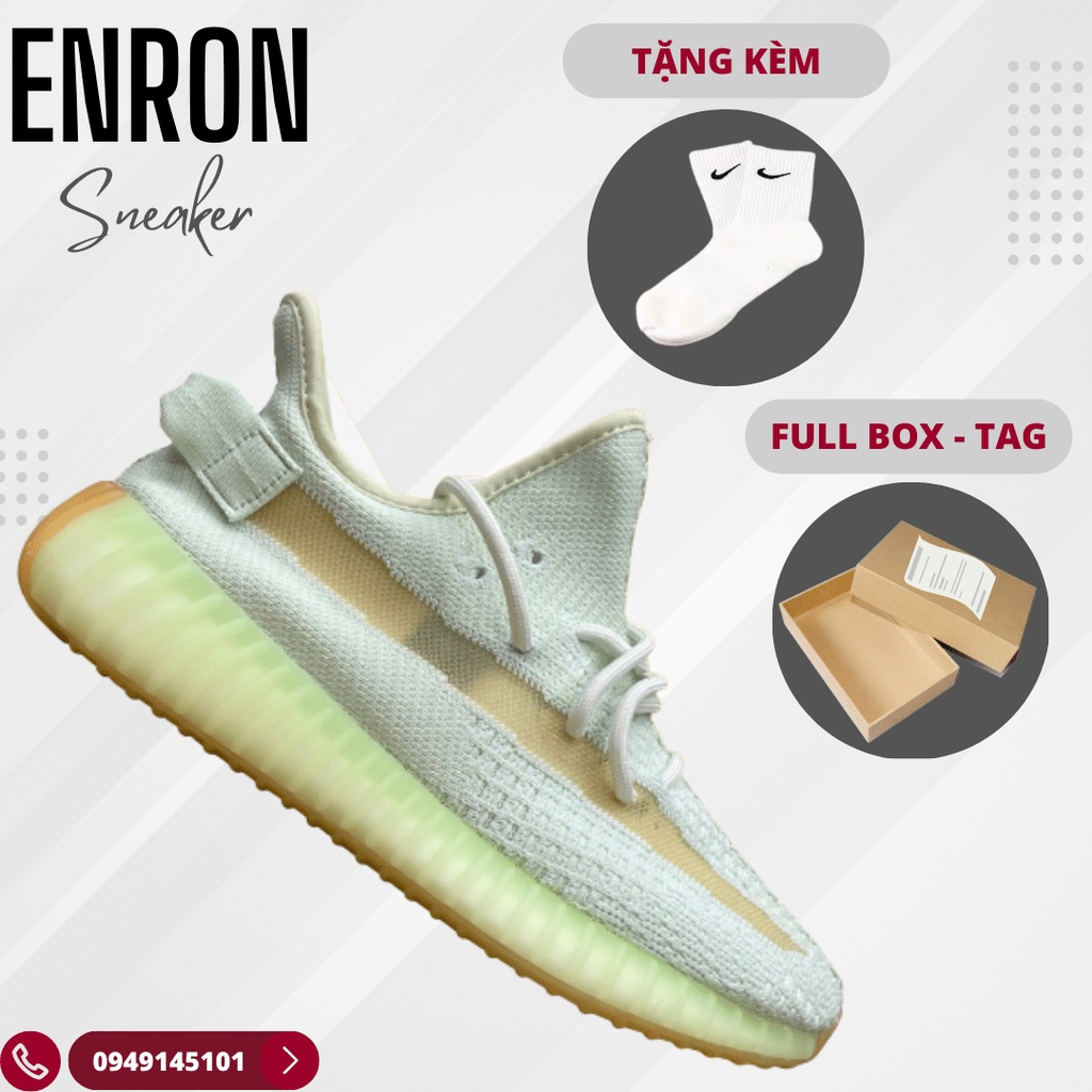 Giày Sneaker Adidas Yeezy Boost 350 V2 Hyperspace, Giày Thể Thao Nam Nữ YZ 350 Xanh Dạ Quang, Full Box + Free Tất Nike