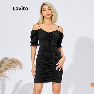 Lovito ĐầM Dây Rút ThườNg Trơn Gathers L22AD070 (Đen)