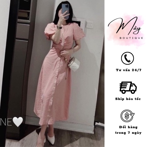 Đầm nữ dáng dài đầm sơ mi màu Hồng Pastel Chất Đũi Xước Dúm Ngực Dáng Suông, Váy Thiết Kế Dự Tiệc Màu Hồng Cực Xinh V142