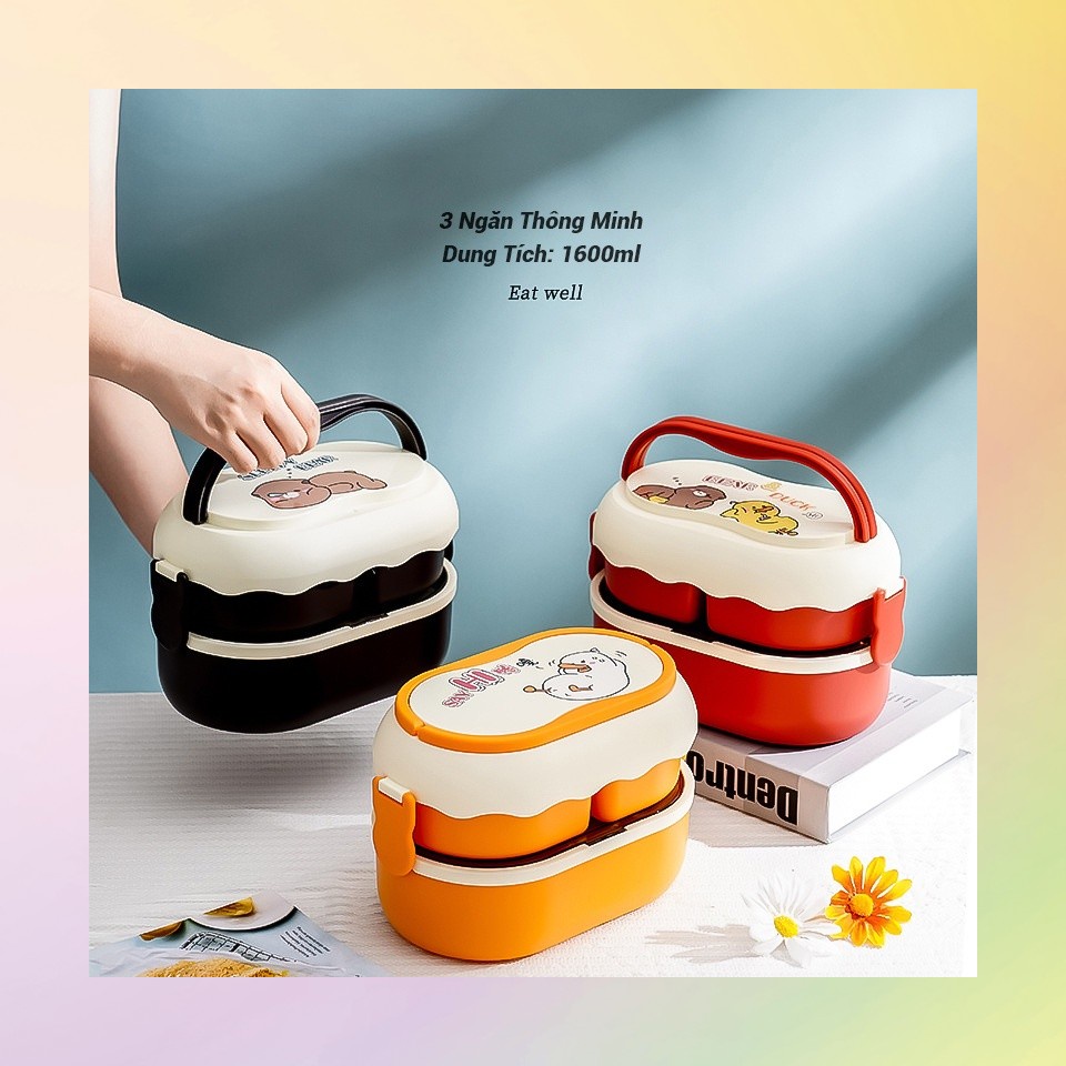 Bán Chạy Hộp Cơm Trưa 1600Ml Với Đũa, Thìa Và Nhãn Dán. Hộp Đựng Cơm Trưa Có Thể Dùng Trong Lò Vi Sóng