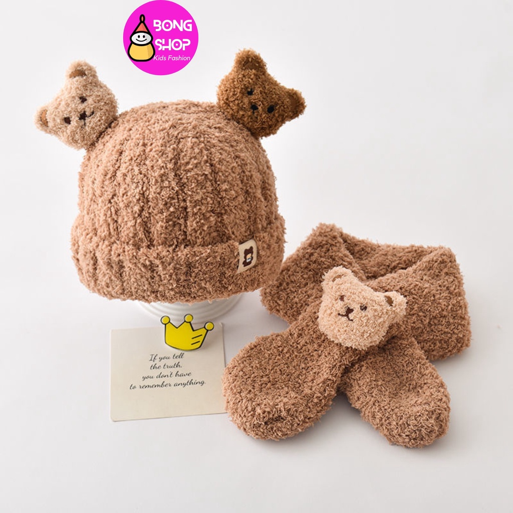 Set mũ và khăn quàng cổ len hình gấu dành cho bé trai bé gái 1 - 3T  mùa đông ấm áp