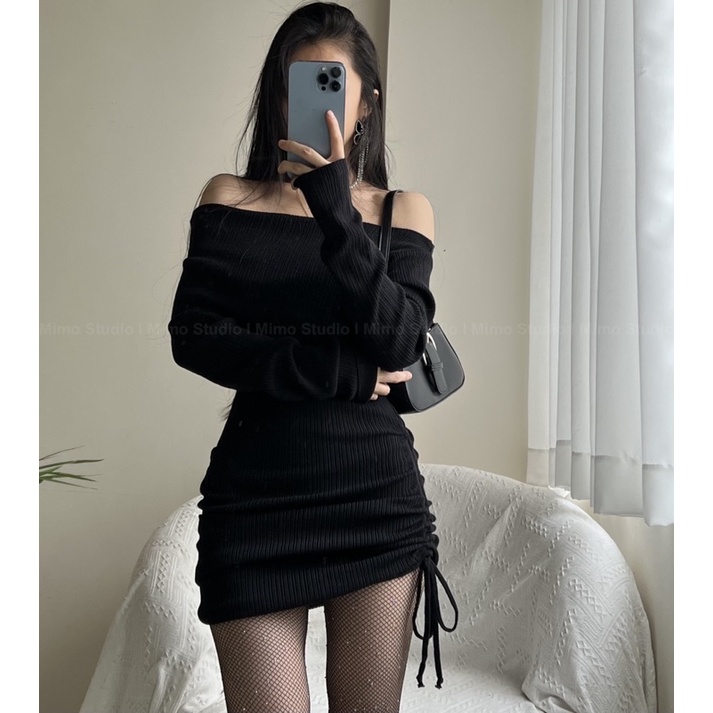 Đầm len trễ vai dài tay dây rút