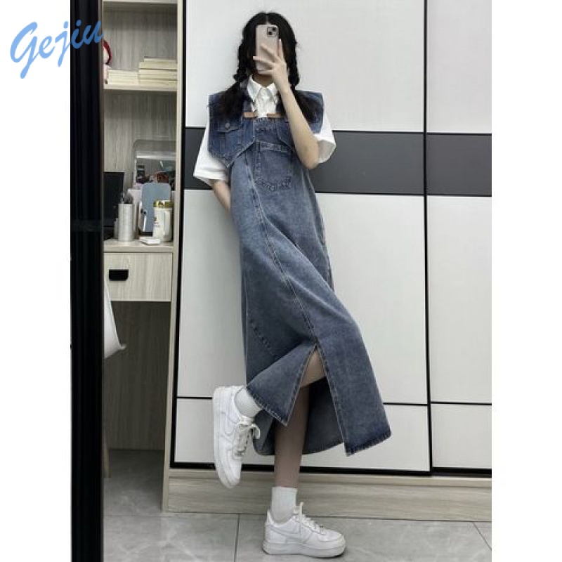 Váy yếm rộng rãi mẫu mới dáng dài cổ điển váy liền bò không quy tắc năm mới 2022 mùa thu đông nữ phong cách Muối thon gọn Nữ Dây treo TDID cá tính dạo phố