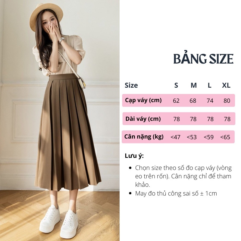 Chân váy Midi xòe dáng dài xếp ly to có BIGSIZE đi làm đi chơi đi học xinh chất tuyết mưa dày dặn, co giãn nhẹ mã 084