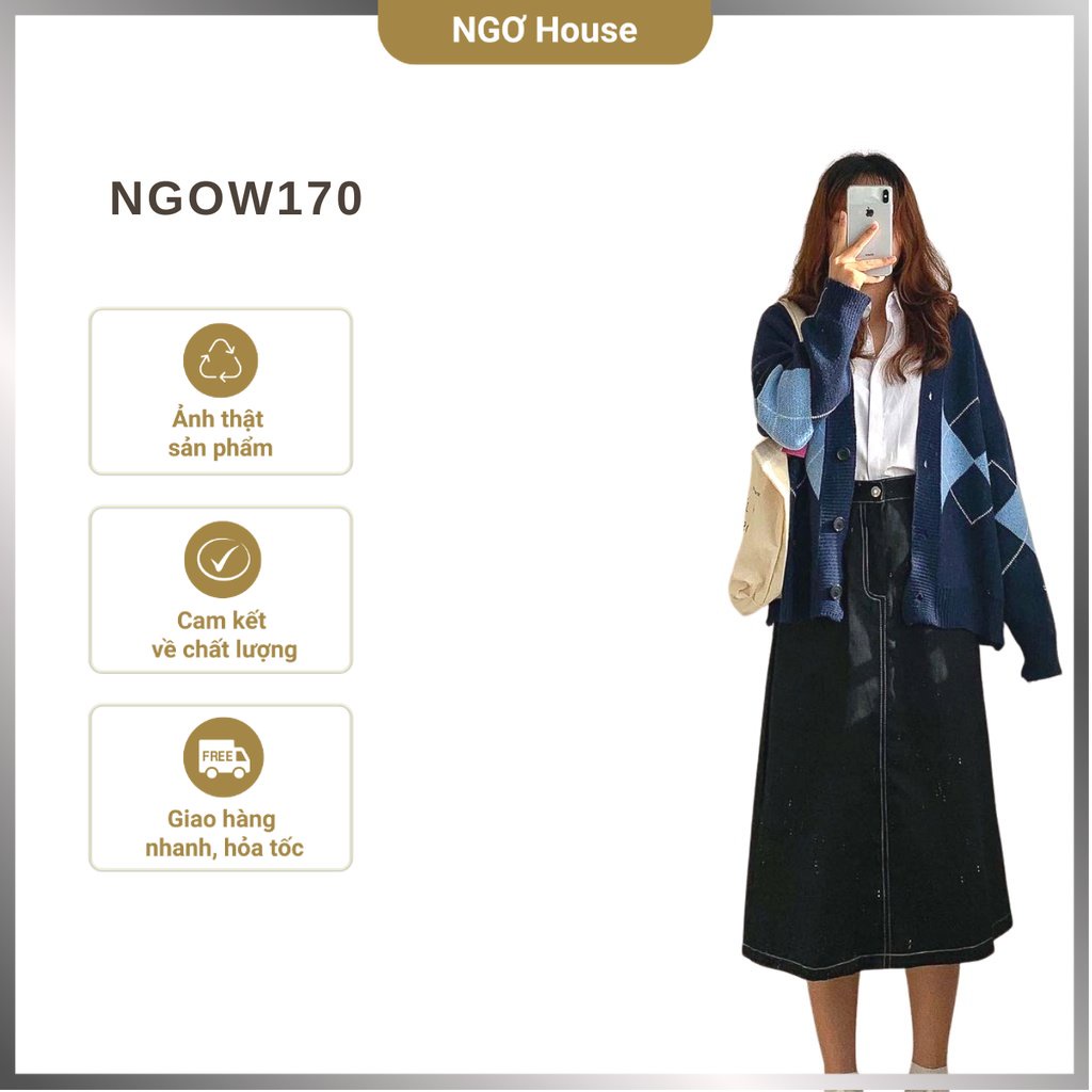 Áo khoác Cardigan len thổ cẩm xanh than phối kim cương dáng rộng