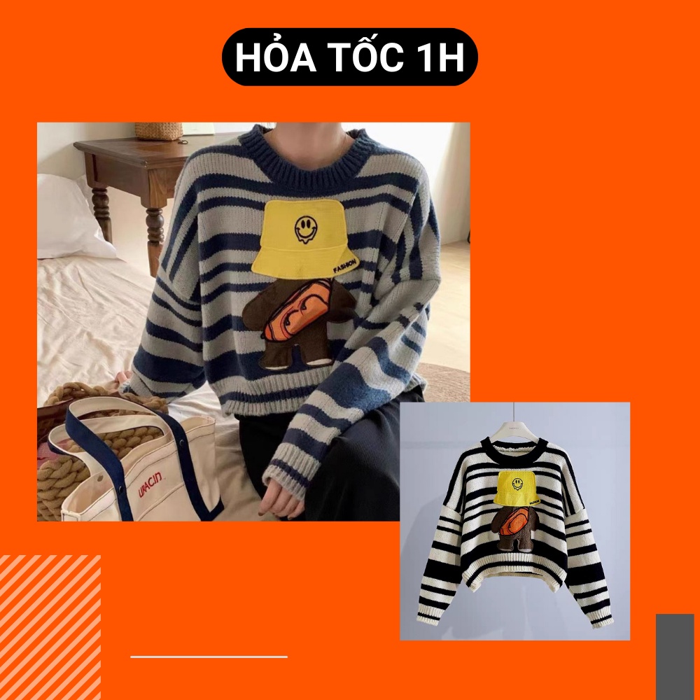 Áo len Free size,Áo len họa tiết kẻ Free size hình gấu đội mũ vàng cute ngộ nghĩnh