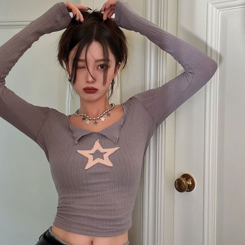 Áo thun lửng CHU MAN JIA tay dài ôm dáng in họa tiết ngôi sao phong cách Hàn Quốc thời trang mùa thu cho nữ