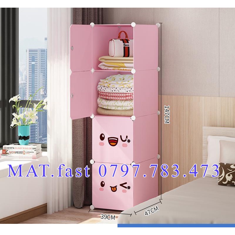 TỦ QUẦN ÁO LẮP GHÉP 4 Ô(4X1) CỬA MẶT CƯỜI ĐA NĂNG THÔNG MINH CHO BÉ sâu 47cm