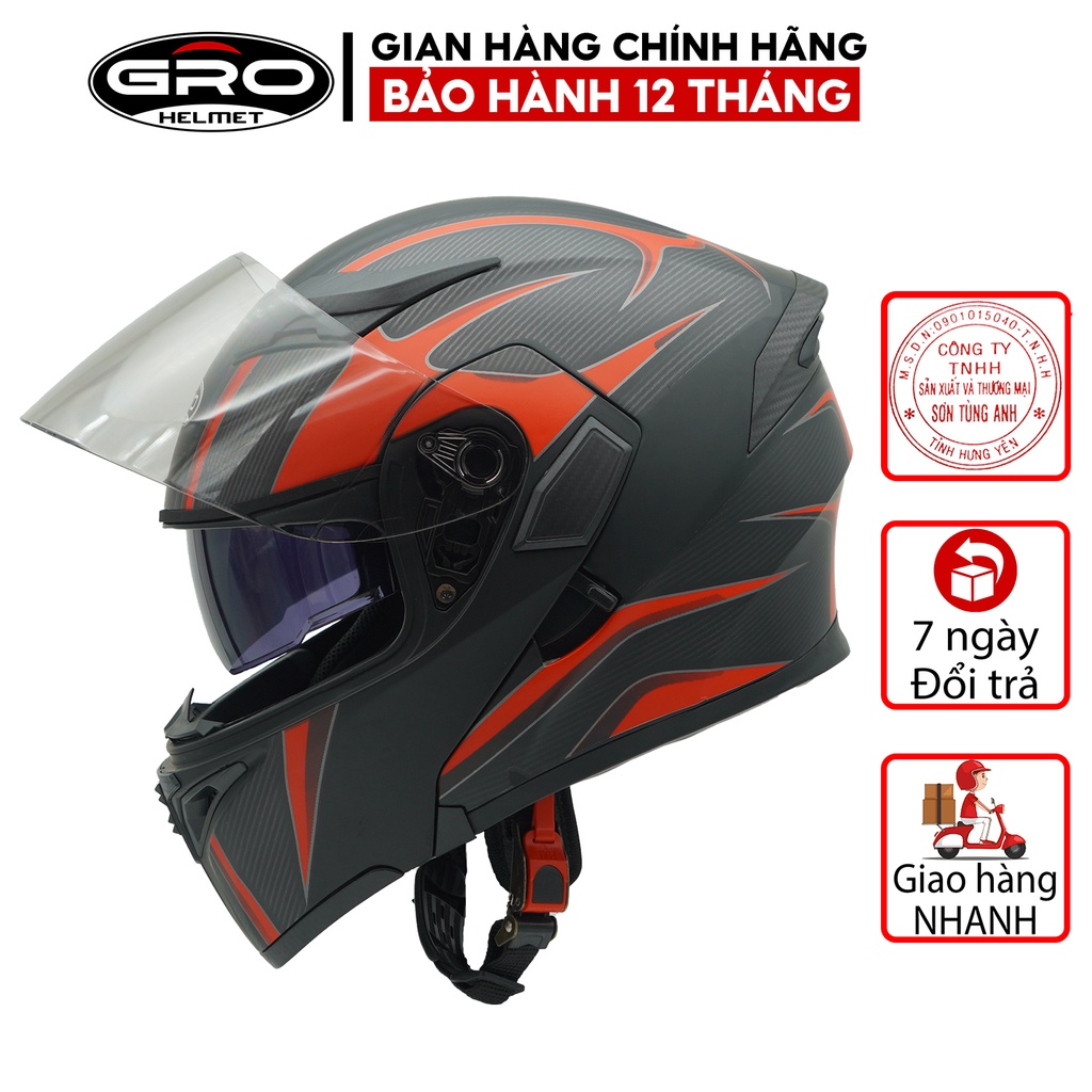 Mũ Bảo Hiểm Fullface Lật hàm 2 kính GRO Helmet GT New, mũ phượt thiết kế khóa kim loại chắc chắn - Nhiều màu