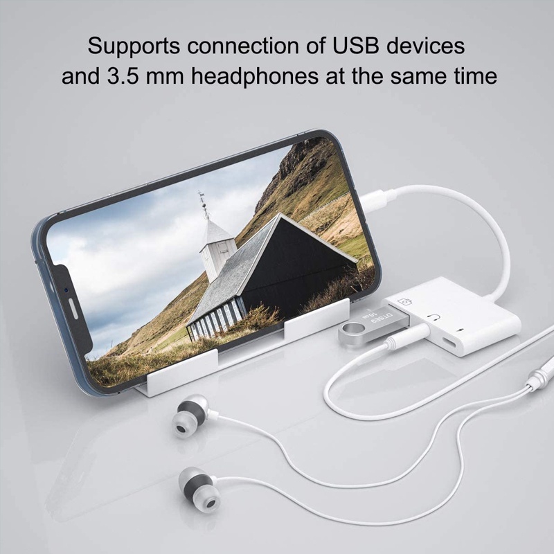 Đầu Chuyển Đổi USB OTG 3 Trong 1 Với Cổng Sạc Và Tai Nghe 3.5Mm Tương Thích Với iPhone 13 / 12 / 11 Pro / X / 8 / 7