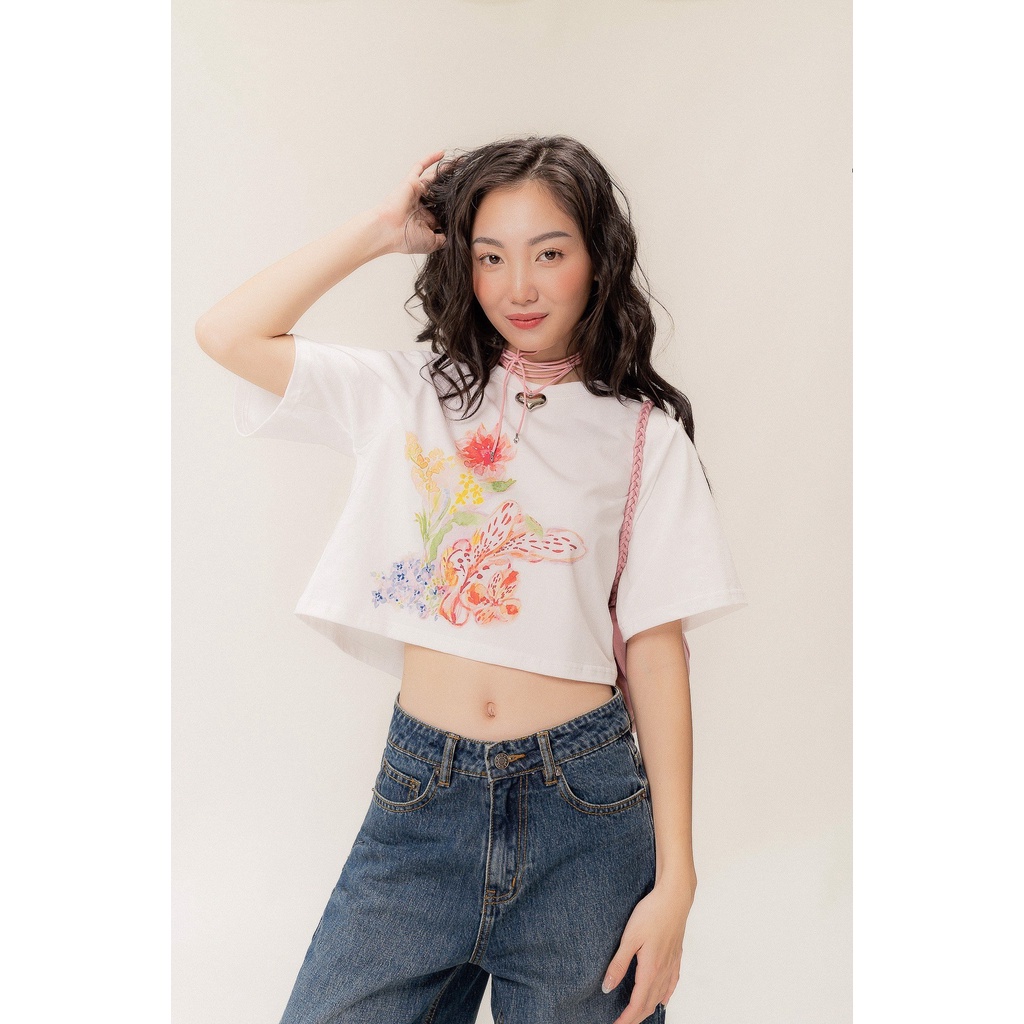 LIBÉ - Áo thun tay ngắn dáng boxy cổ tròn màu trắng in hình