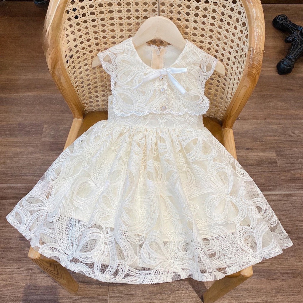 Váy cho bé gái, đầm ren cao cấp cổ vuông bản to cho bé 10-30kg
