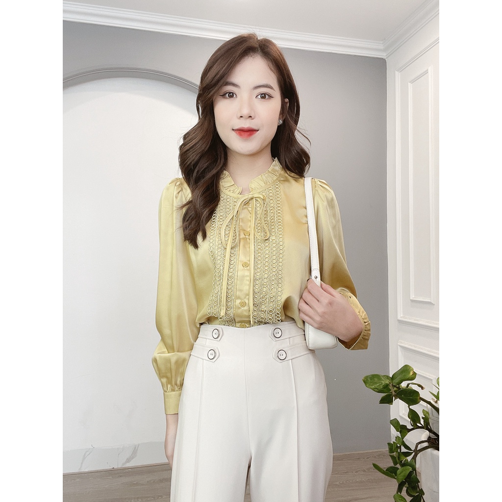 Áo Sơ Mi Lụa Phối Ren Cổ Xếp Li Kèm Nơ Min House