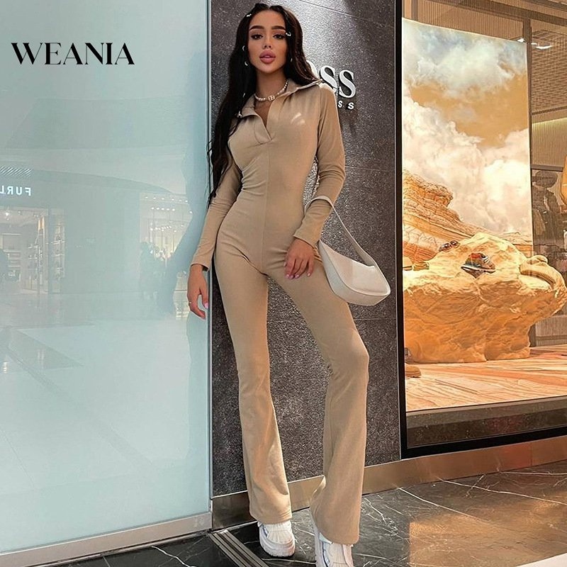 Áo liền quần Tay Dài Cổ Polo Màu Trơn Thời Trang Đường Phố Cá Tính Cho Nữ