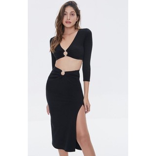 Set Áo Crop Top O-ring & Chân Váy Midi Xẻ Tà - Ribbed Crop Top & Midi Skirt