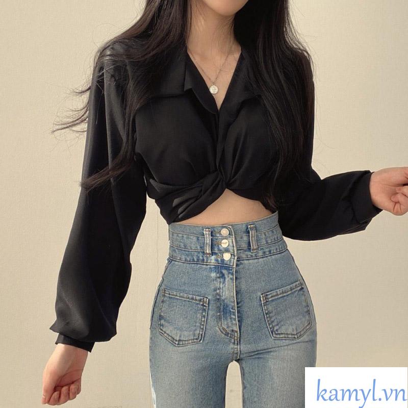 Kamyl Áo Sơ Mi Lụa Crotop , Áo Sơ Mi Dáng Ngắn Cách Điệu
