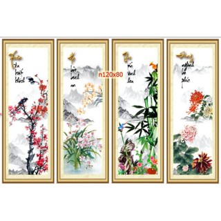 Tranh lụa dán tường 3d tứ quý bốn mùa kt n140x80cm