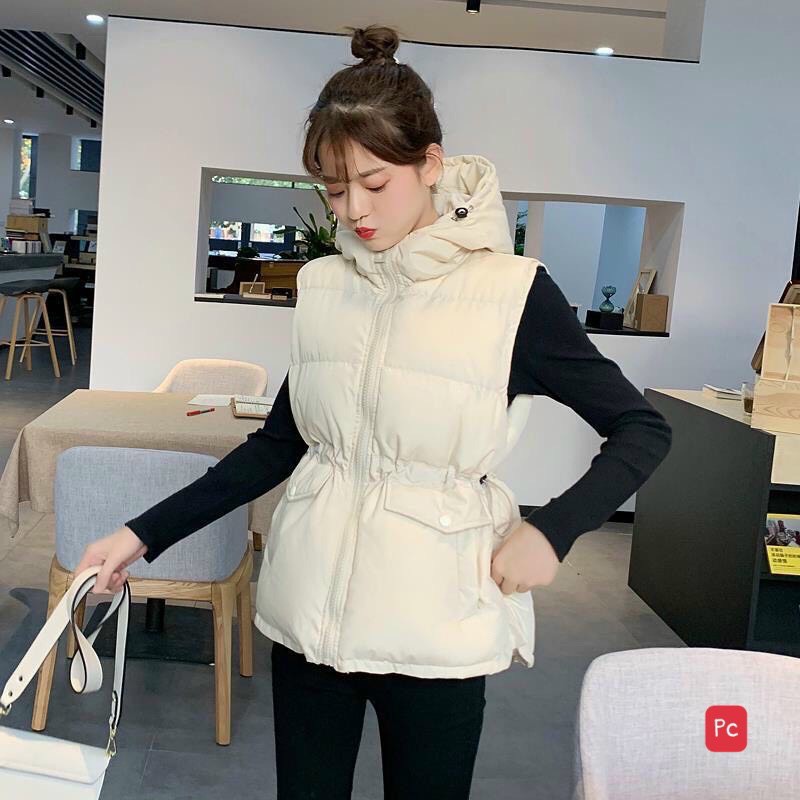 Áo Gile phao nữ dáng ngắn thiết kế crotop, áo Gile phao có mũ rút dây eo chất phao siêu nhẹ chống bám bụi