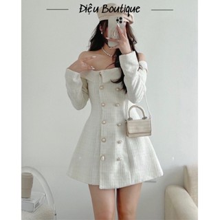 Đầm Trễ Vai Tay Dài Dự Tiệc Chất Dạ Tweed Đính Nút Sang Chảnh - ĐIỆU BOUTIQUE