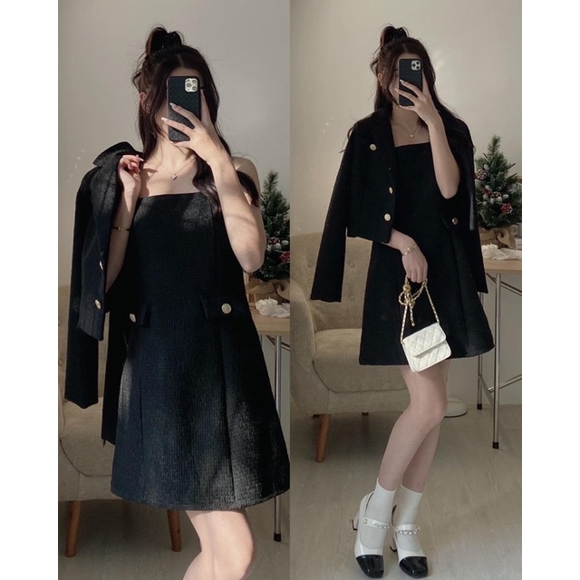 Set váy hai dây kèm áo khoác dạ tweed trắng ngà