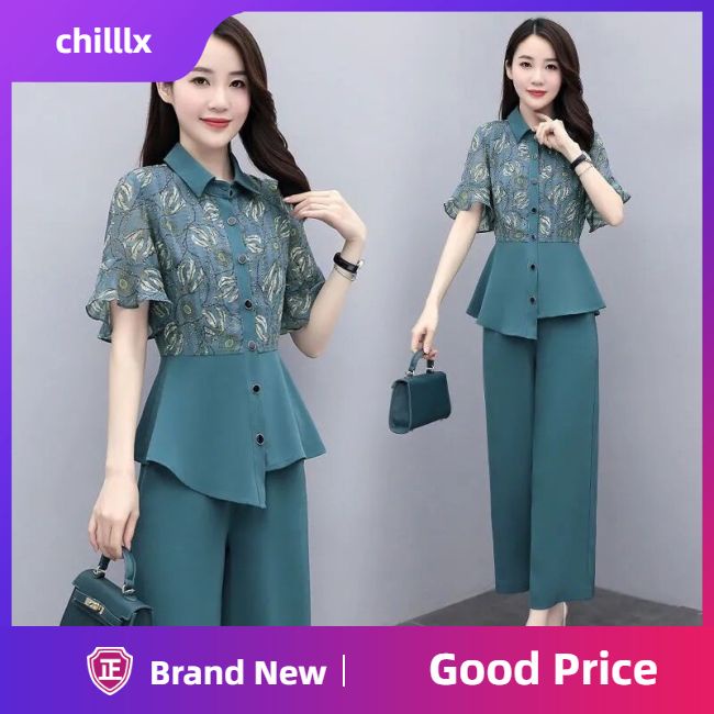 Set Đồ 2 Món Gồm Áo Tay Xòe Cổ Bẻ In Họa Tiết Và Quần Ống Rộng Cho Nữ