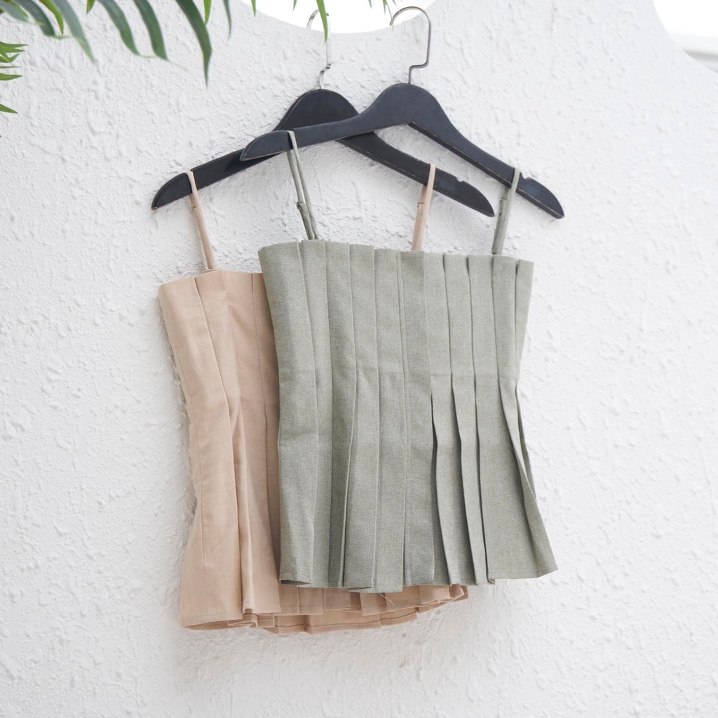 Áo dây kiểu xếp li thân thời trang GAGO 2 màu xanh lá và kem GA4232 GA4233