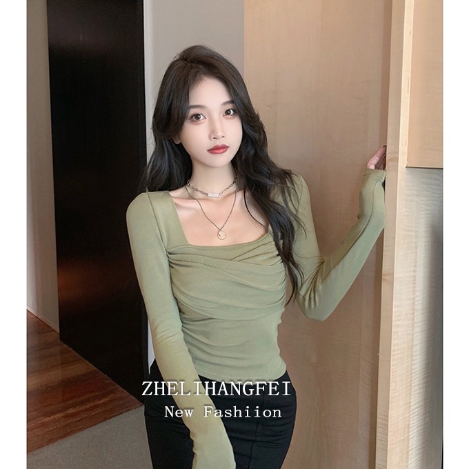 ZHELIHANGFEI Áo Thun Tay Dài Cổ Vuông Lưng Cao Dáng Ôm Kiểu Dáng Ngọt Ngào Quyến Rũ