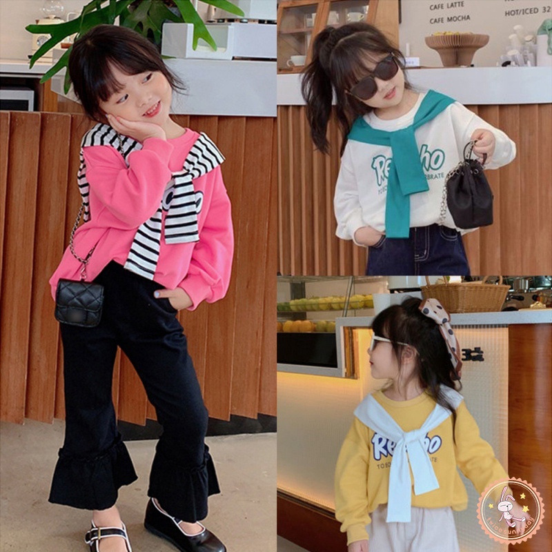 Áo Thun Sweater Cổ Tròn Tay Dài In Chữ Phối Khăn Choàng Kiểu Hàn Quốc Dễ Thương Cho Bé Gái