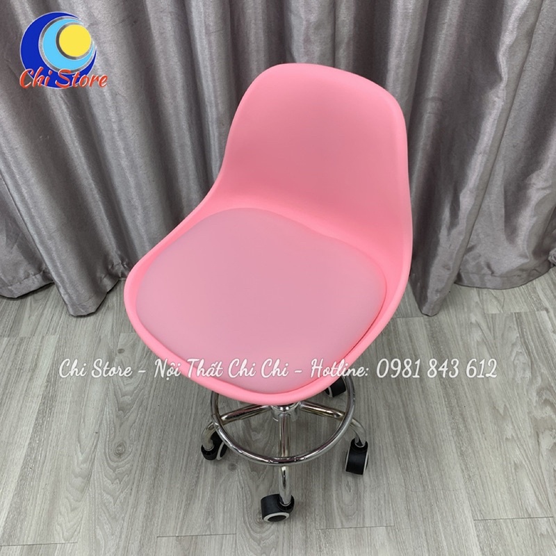 Ghế Ngồi Phun Xăm Bánh Xe 360 Độ, Ghế Ngồi Quầy Lễ Tân Mặt Nhựa Đệm Da Êm Ái