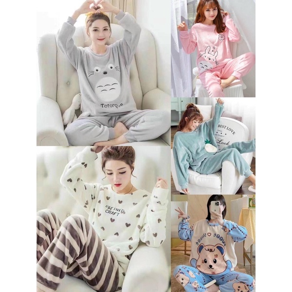 Bộ đồ ngủ nữ mặc nhà đồ thu đông lông mịn ấm giữ nhiệt