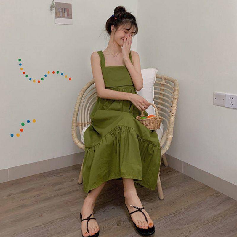 Đầm Hai Dây Hở Lưng Màu Xanh Bơ Thời Trang Mùa Hè Cho Nữ