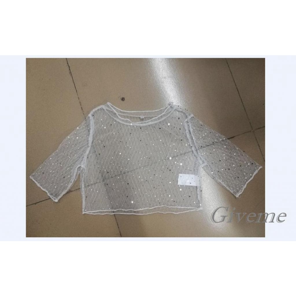 Áo Croptop Lưới Tay Lửng Xuyên Thấu Đính Kim Sa Lấp Lánh Thời Trang Mùa Hè Cho Nữ