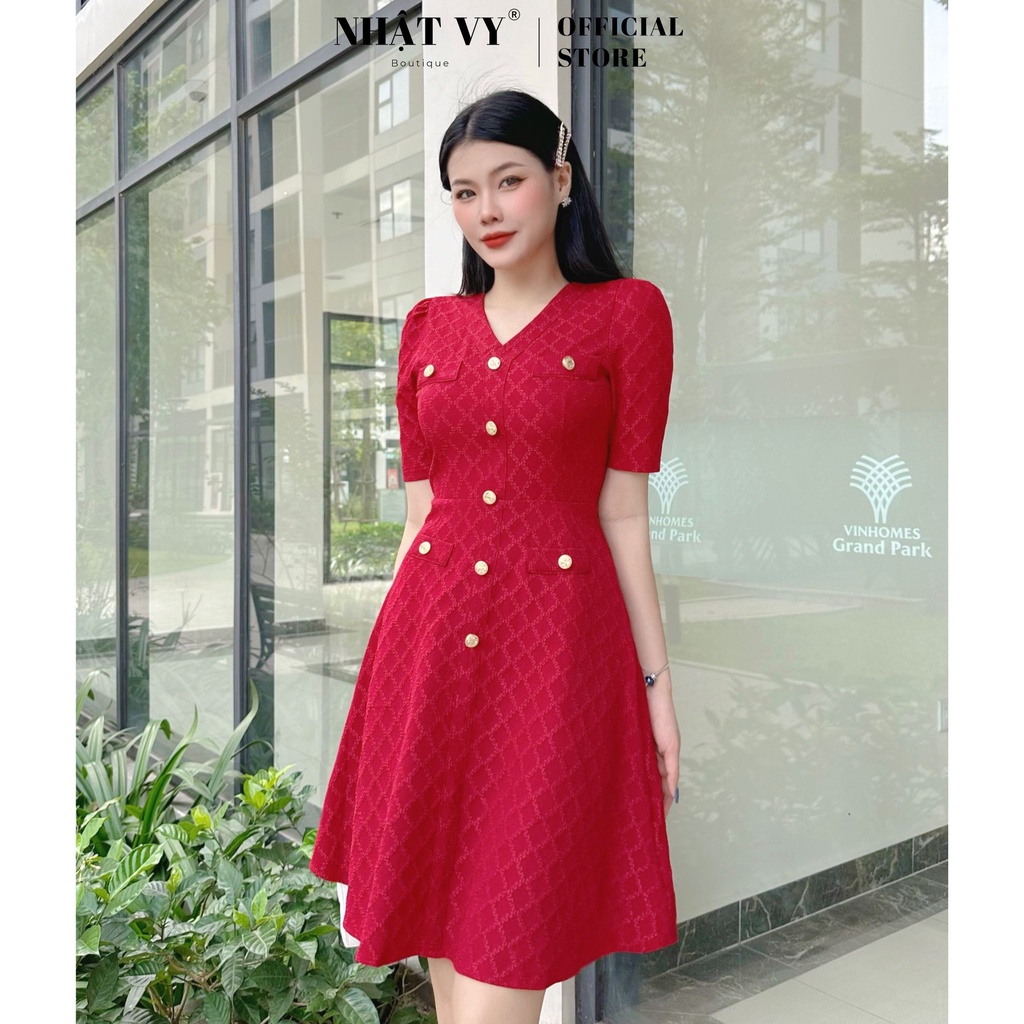 Đầm dự tiệc Nhật VY tay ngắn cổ tim đính cúc dáng xoè chất tapta vân phù hợp công sở đi chơi - D2632