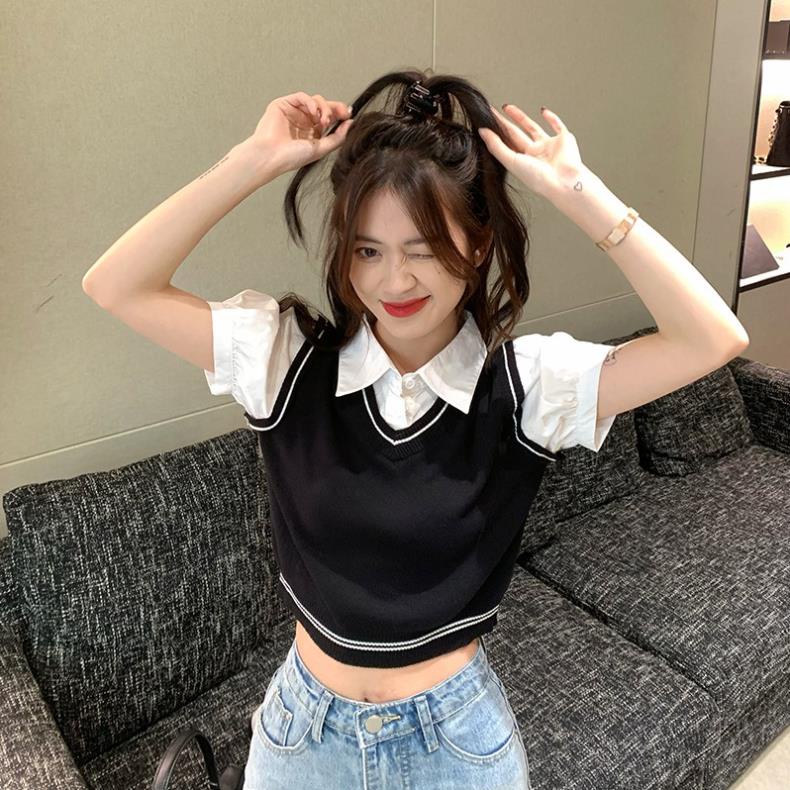 Áo Thun POLO Giả Hai Lớp Ngắn Tay Thời Trang Trẻ Trung