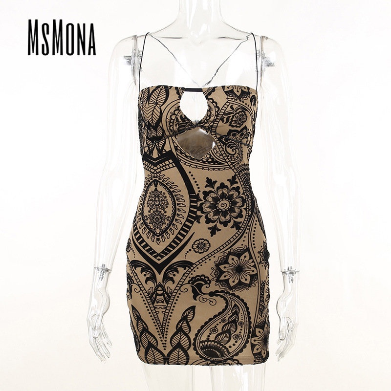 MsMona Đầm Mini Dáng Ôm Không Tay Hở Vai In Họa Tiết Thời Trang 2023 Dành Cho Bạn Nữ