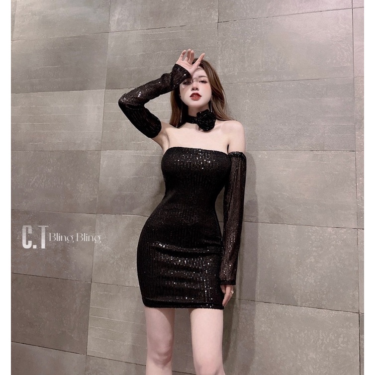 Đầm ống nữ hoa cổ đi tiệc bling