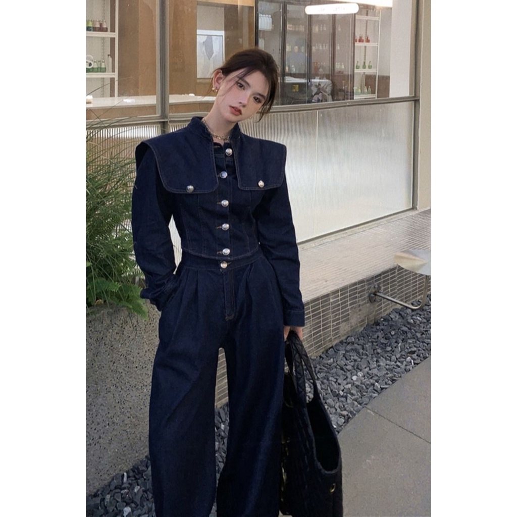 Áo Khoác Jean Mùa Thu Cao Cấp Thời Trang Có Hương Thơm Nhỏ Nhắn Phong Cách Đường Phố niche Quần Ống Rộng tw