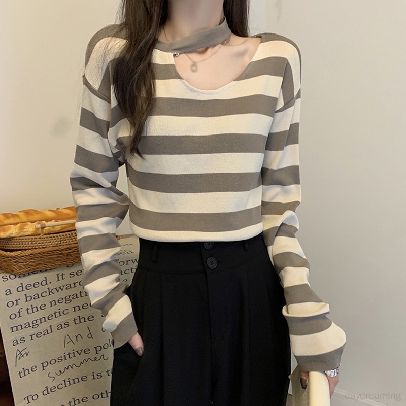 Áo Sweater Tay Dài Hoạ Tiết Kẻ Sọc Thời Trang Xuân Thu Cho Phái Nữ