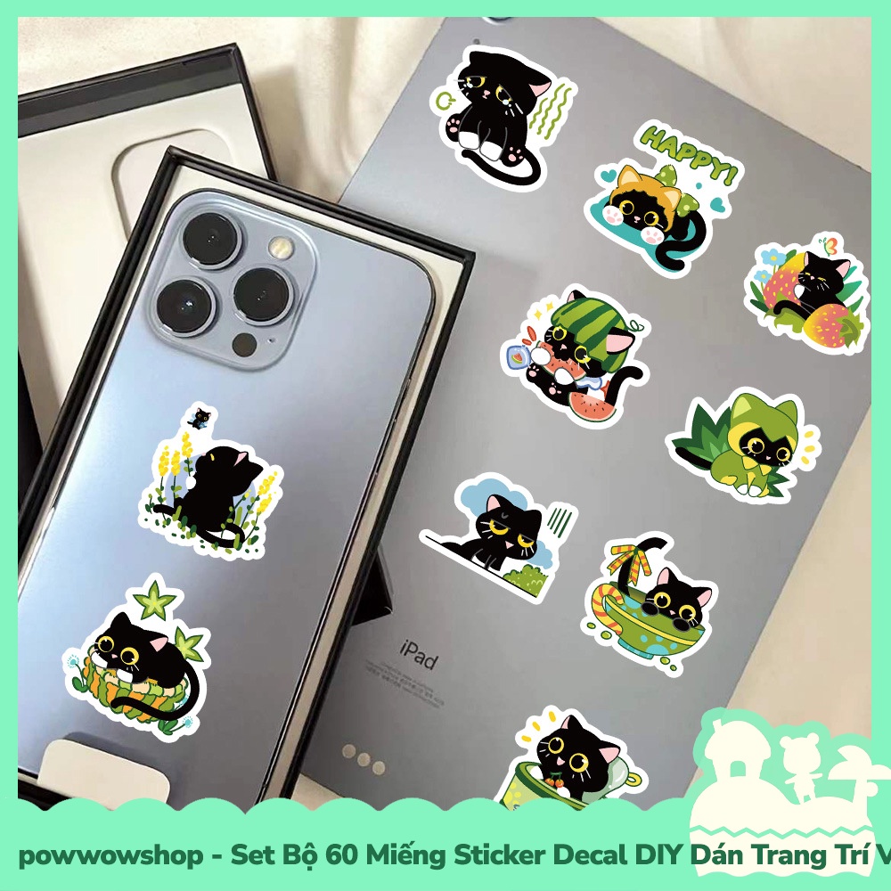 [Sẵn VN - Hỏa Tốc] Set Bộ 50/60 Miếng Sticker DIY Chống Thấm Nước Dán Trang Trí Vật Dụng Phong Cách Hoạt Hình Green Cat